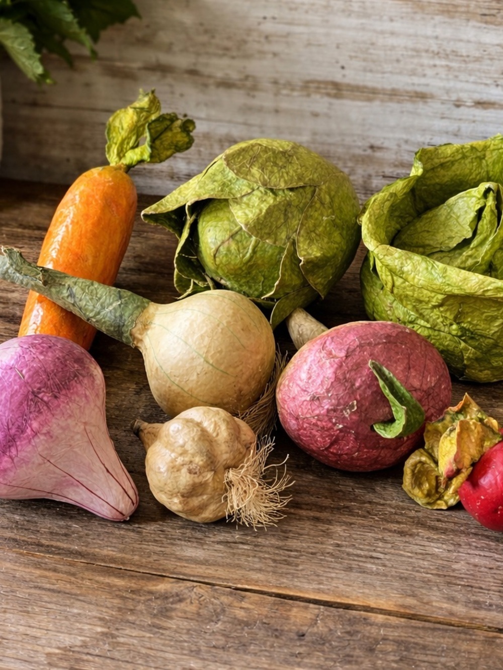 Paper Mache Faux Vegetables 8 Pcs Rustic Farmhouse Summer Garden Handmade Vtg